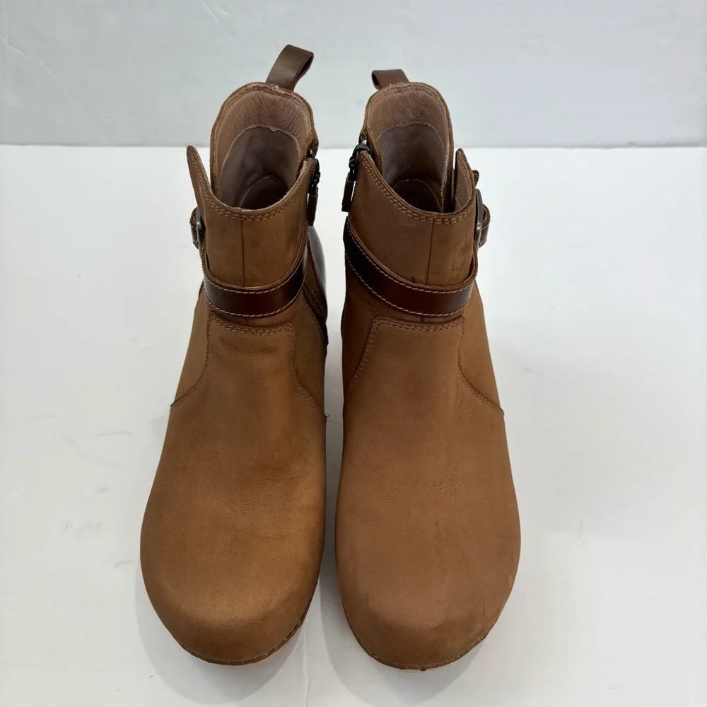 Dansko Anya Biscotti Brown Nude Leather Zip Buckled Platform Ankle Bootie 5.5/36
